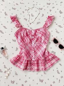 Flirla Women's Pink And White Plaid Romantic Cute Ruffled Sleeve Shirt Blouse, Spring/Summer Vacation - Pink - View 5