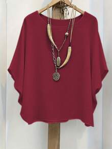 EMERY ROSE Plus Size Women Summer Top,Burgundy Sommar Smart Casual Vacation Lightweight Minimalist Batwing Sleeve Crew Neck Pullover Solid Comfortable Homewear - Burgundy - View 4