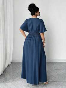 SHEIN LUNE CURVE 大码女士优雅度假休闲新款V领宽松袖连衣裙 - 藍色 - 查看 2