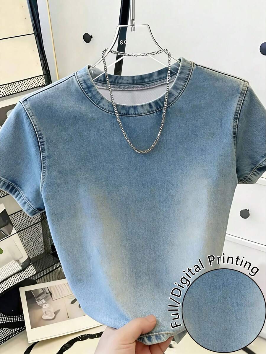 SHEIN Casual Denim Effect Print Short Sleeve T-Shirt, Summer - Multicolor - View 1