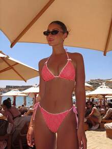 Swim Mod Bộ bikini hai mảnh gợi cảm kẻ sọc, buộc dây cổ, hở lưng, thích hợp cho kỳ nghỉ hè ở bãi biển dành cho nữ. - Đỏ - Xem 4