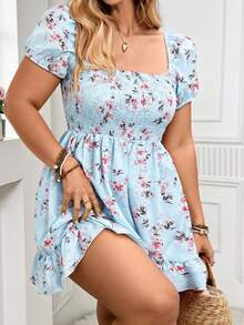 Elenzga Plus Size Women's Pink Floral Square Neck Dress, Puff Sleeve, Flattering, Casual/Work/Vacation Soft Aesthetic Short Skater Dress - Blue - View 12