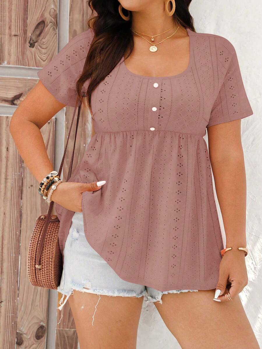 EMERY ROSE Plus Size Women Hollow Design Button Short Sleeve Casual T-Shirt - Dusty Pink - View 1