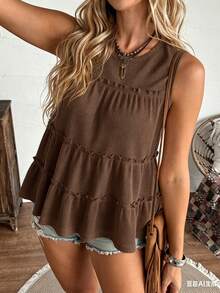LanaWest Áo vest nữ dáng rộng, màu trơn, cổ tròn, viền bèo nhún, thích hợp cho kỳ nghỉ, công sở, mặc hàng ngày, phong cách phương Tây, phong cách Bohemian, kiểu babydoll. - Cà phê nâu - Xem 7