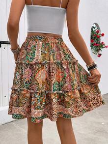 SHEIN Holidaya Casual Alternative Vacation Print Ruffle Hem Short Skirt, Fashion Brown Print Pleated Hem Skirt For Spring/Summer Vacation - Orange - View 2