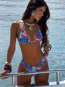 Bộ bikini nữ gồm dây chuyền in họa tiết ngẫu nhiên, trang sức kim loại, thích hợp cho mùa xuân/hè. - Nhiều màu - Xem 1