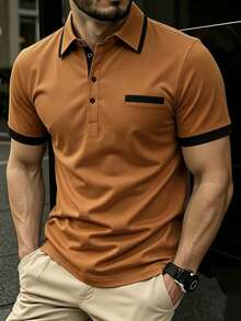 Manfinity Homme Men's Contrast Color Half-Placket Regular Fit Short Sleeve Casual Summer Polo Shirt - Coffee Brown - View 3