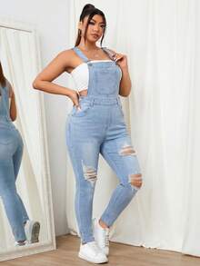 SHEIN EZwear 大码休闲水洗做旧修身牛仔背带裤 - 淺色水洗藍 - 查看 5