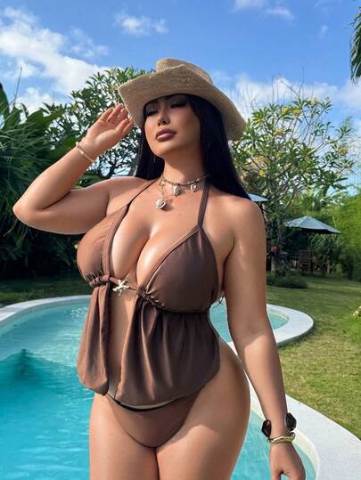 Swim Vcay 2026 Nuevo Top de Traje de Baño de Talla Grande de unicolor con Decoración de Estrella de Mar para Vacaciones de Verano