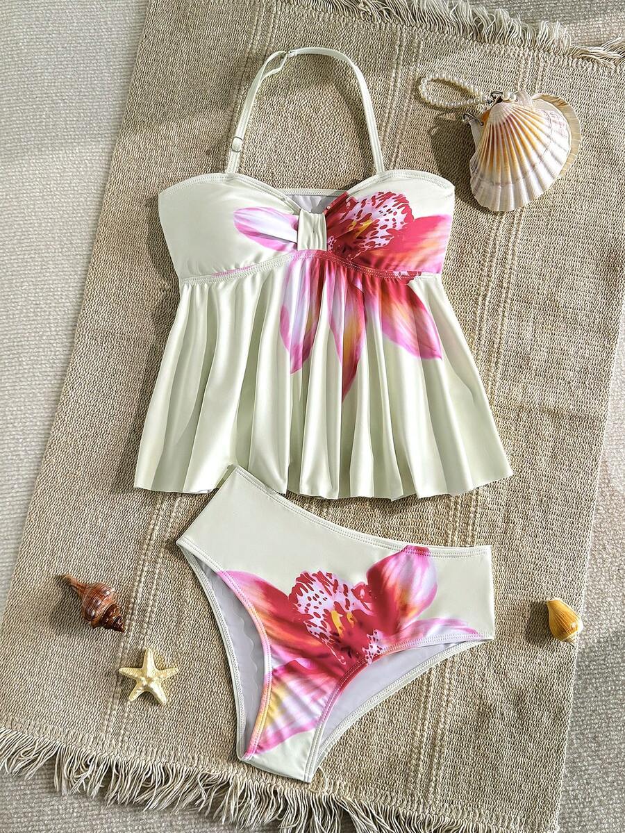 SHEIN 青少年女孩針織掛脖金屬扣背心式泳衣套裝,適合游泳、度假、夏季海灘穿著,青少年女孩泳衣套裝,夏季假期 - 黑色 - 查看 1