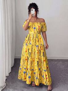 Elenzga Plus Size Printed Elegant Tie-Waist Off-Shoulder Midi Dress - Yellow - View 3