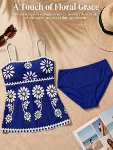 Swim Lushoire Women's High Elasticity Green Floral Print Bikini 2 Piece Set, Fresh Green Placement Print Bandeau Top And Solid Color Triangle Basic Swim Bottoms, Elegant Bikini Set For Spring/Summer Beach Party - Multicolor - View 4