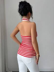 Elenzga Áo hai dây cổ yếm kẻ sọc đỏ hồng dành cho nữ, cổ áo khoét hình tròn với khoét lỗ bằng kim loại, kiểu dáng ôm sát Y2K. - Nhiều màu - Xem 2