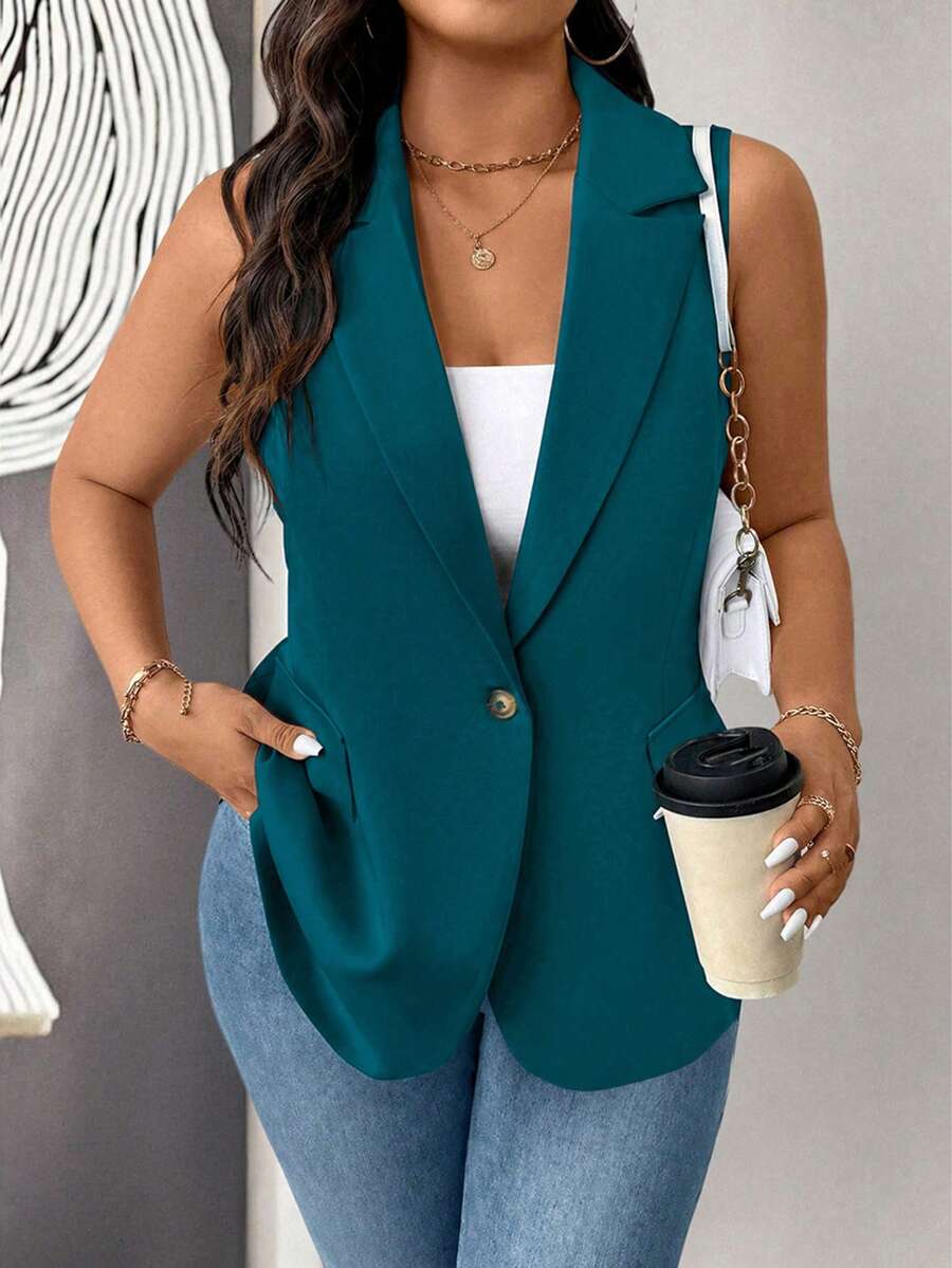 EMERY ROSE Plus Size Women Thin Casual Minimalist Sleeveless Blazer - Dusty Blue - View 1