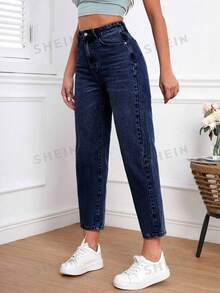 SHEIN FlexDen 女士高腰口袋锥形休闲百搭牛仔裤 - 深色水洗藍 - 查看 5