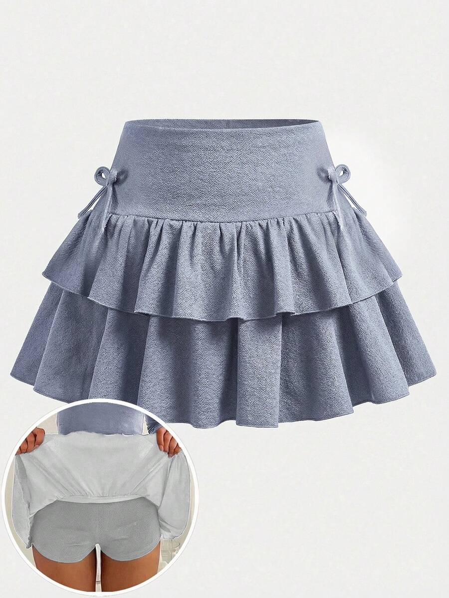 SHEIN Girlism 少女休闲、运动、上学、返校季,黑色荷叶边下摆短裤搭配伞裙,春夏装 - 彩色 - 查看 1
