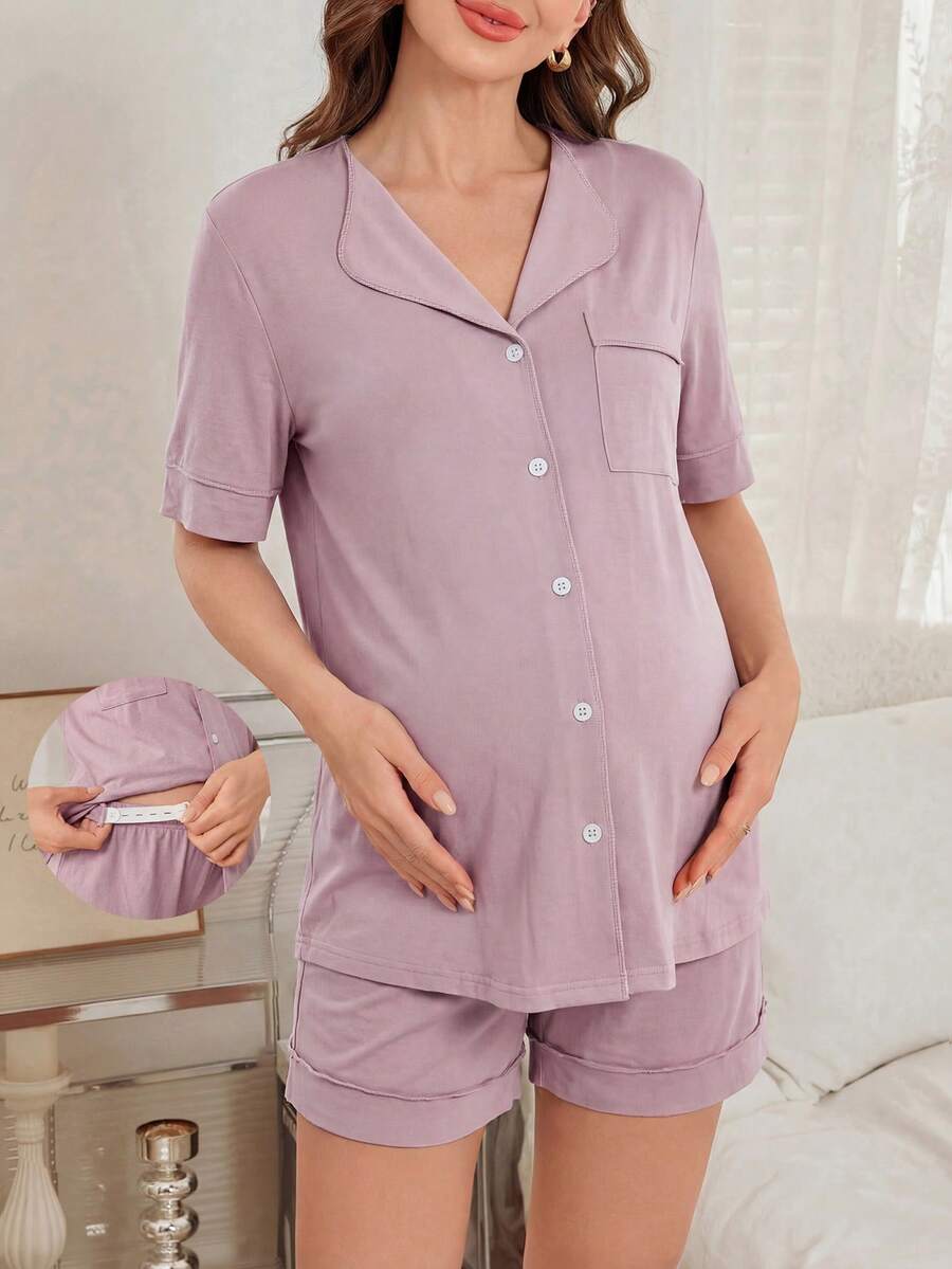 Moonlight&Mama Bộ đồ ngủ ngắn tay cho bà bầu và cho con bú gồm 2 món, có túi phía trước, cài nút, chất liệu cotton, kiểu dáng thời trang. - Bụi hồng - Xem 1