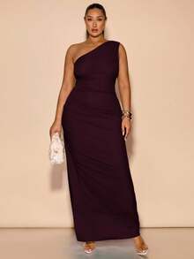 SHEIN BAE Vestidos de mujer talla grande para bodas, damas de honor, fiestas, citas, vacaciones. Vestidos de verano talla grande elegantes para fiestas, cumpleaños, San Valentín, de satén, con hombros asimétricos o de un solo hombro. Vestidos de verano talla grande con cuello asimétrico, cintura plisada y aberturas laterales. Vestidos largos para mujeres, vestidos de verano, vestidos de fiesta para invitadas de boda - Granate - Ver 3