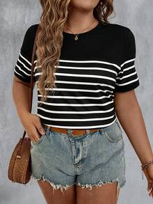 SHEIN LUNE CURVE 大码女式夏季条纹印花圆领短袖休闲T恤图案上衣 - 黑色 - 查看 3