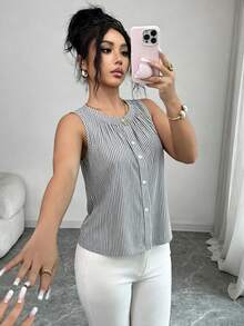 Elenzga Áo kiểu không tay cổ tròn, kiểu dáng thường ngày, đa năng, hàng mới về dành cho nữ. - Xanh và trắng - Xem 3
