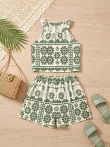 Tween Girl Vacation Casual Floral Print Halter Top And Shorts Set - White - View 5