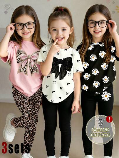 6pcs/Set Girls Casual Fashionable Creative Personality Refreshing Cute Minimalist Leopard Print, Bow Tie, Black Base Small White Flower, Black Shiny Bow Tie Pattern Print Short T-Shirt And Leggings Outfit Sets, Comfortable Daily Wear, Cozy Summer And Fall Styles, Suitable For Spring, Summer And Autumn