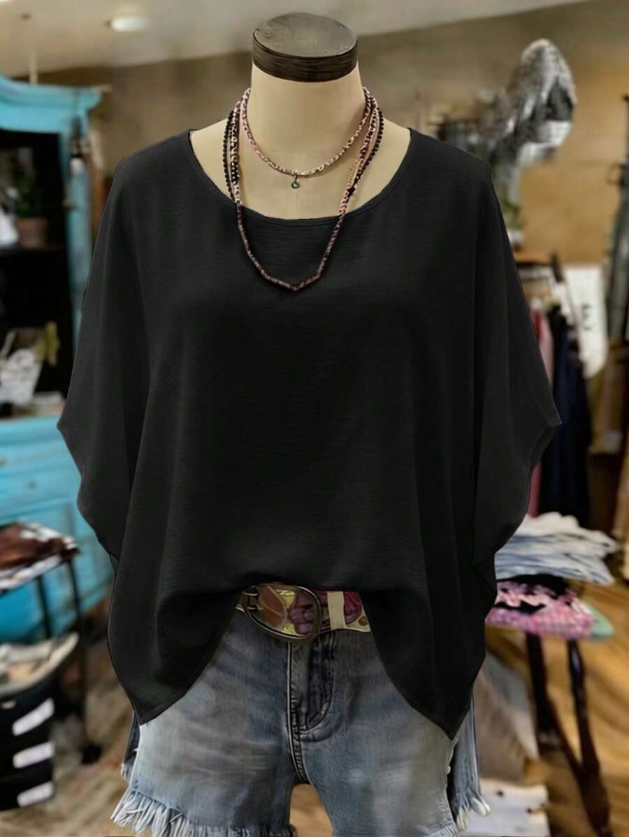 EMERY ROSE 春夏新款轻盈简约休闲舒适度假家居服纯白色蝙蝠袖圆领套头衫加大码女式上衣 - 黑色 - 查看 1