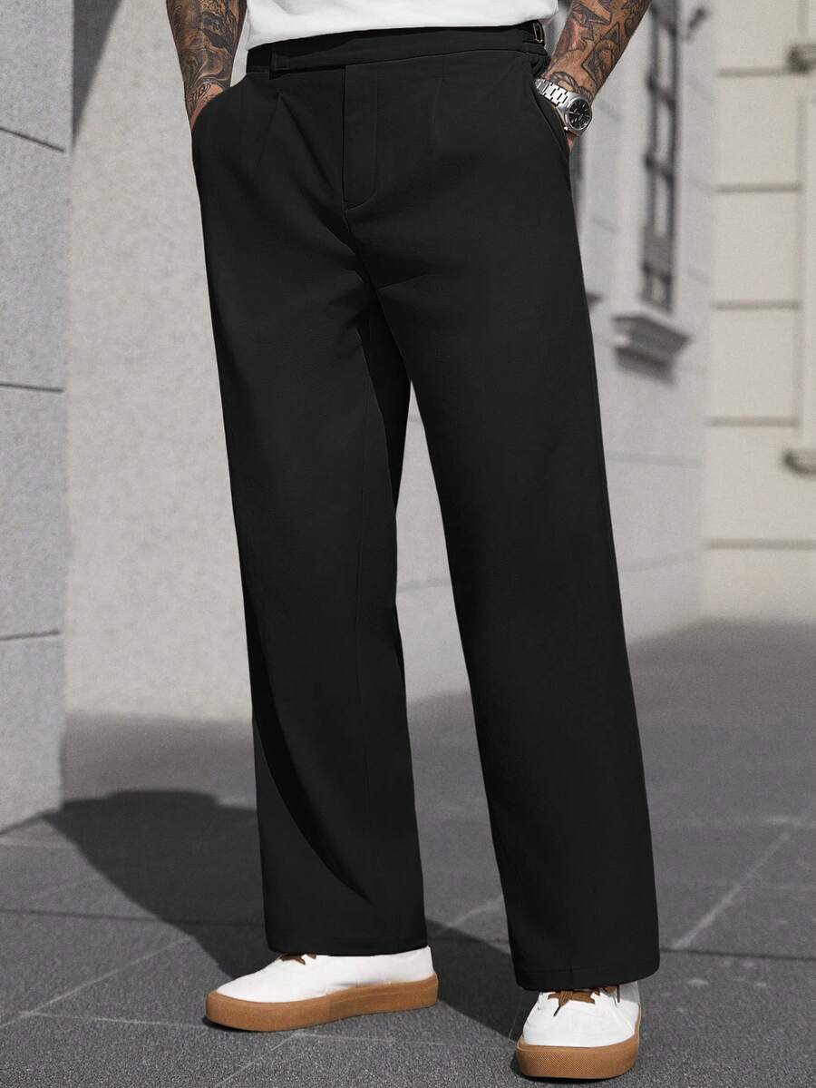 Manfinity Homme 男士纯色简约设计休闲宽松长裤,带口袋,百搭日常穿着 - 黑色 - 查看 1
