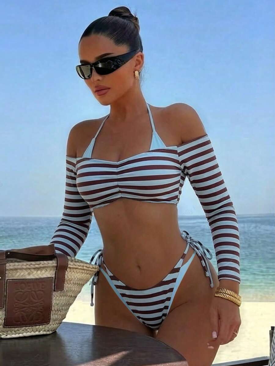 SHEIN Swim Mod Bộ bikini 3 mảnh in sọc mùa xuân/hè mới dành cho nữ, thích hợp cho kỳ nghỉ biển, hẹn hò, áo dài tay. - Nhiều màu - Xem 1
