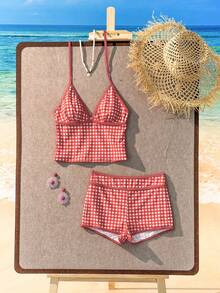 Swim Mod Women's 2-Piece Gingham Print Random Camisole Top And Shorts Tankini Swimwear Set, Summer - Red - View 3