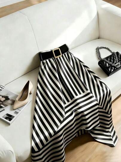 GlowEve CURVE Plus Size Women's Fashionable Striped Elegant Skirt, Summer