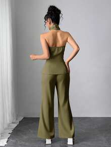 Modelyn 女士纯色吊带上衣和喇叭裤两件套，时尚通勤装 - 軍綠色 - 查看 3
