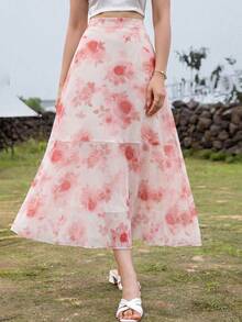 Modelyn Floral Print High Waist Skirt Maxi Women Outfit - Pink - View 6