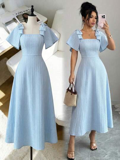SHEIN Elenzya Vestido azul de mujer con cuello ondulado, lazo en los hombros, cintura con nudo y falda acampanada, diseño elegante, adecuado para cumpleaños, citas, fiestas, Día de San Valentín, Día del Trabajo, Día del Maestro, vuelta al colegio, viajes, primavera/verano