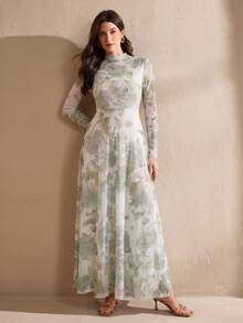 Graceveil Đầm nữ dáng ôm in hoa lưới thời trang xuân/hè. - Màu xanh Bạc hà - Xem 5