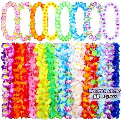 10/20/30/50pcs Hawaiian Leis Necklace Colorful Tropical Flower Garland Hawaiian Leis Hawaiian Flower Wreaths For Hawaiian Themed Party Beach Luau Party Supplies ,Christmas,Party Decor,Party Accessories(Random Color)
