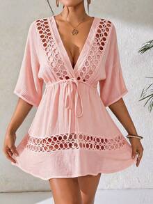 Swim Lushoire Women's Black Deep V-Neck Casual Cover Up, Spring/Summer - Pink - View 3