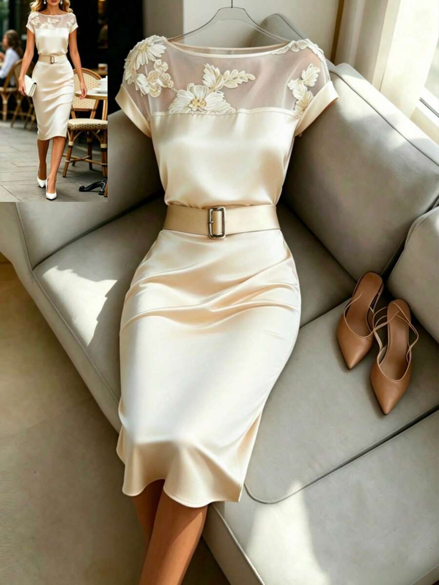GlowEve Đầm ren satin bóng mượt cho kỳ nghỉ và đi làm mùa hè, trang phục đi biển cho nữ, trang phục đi nghỉ mát mùa hè, trang phục nghỉ lễ mùa hè. - Màu be - Xem 1
