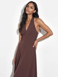 KSTM Vestido largo de mujer sin mangas con cuello halter en V, vestido midi de línea A para ocasiones formales, color burdeos - Burdeos - Ver 1