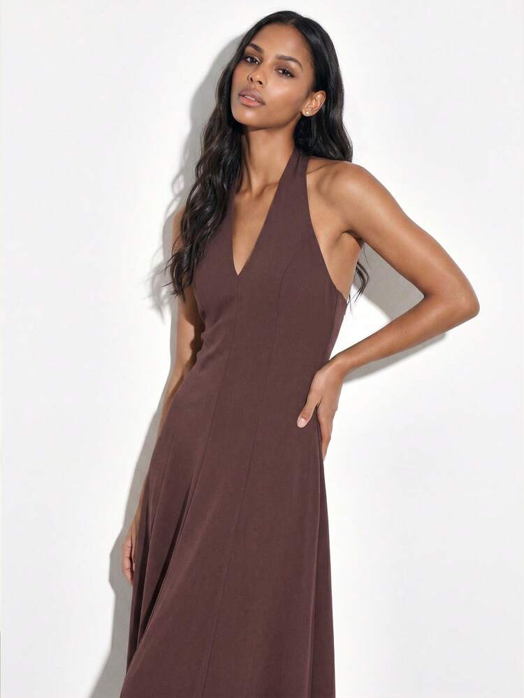 KSTM Women's Sleeveless Halter V-Neck Maxi Dress A-Line Midi Length Burgundy Evening Formal Occasion