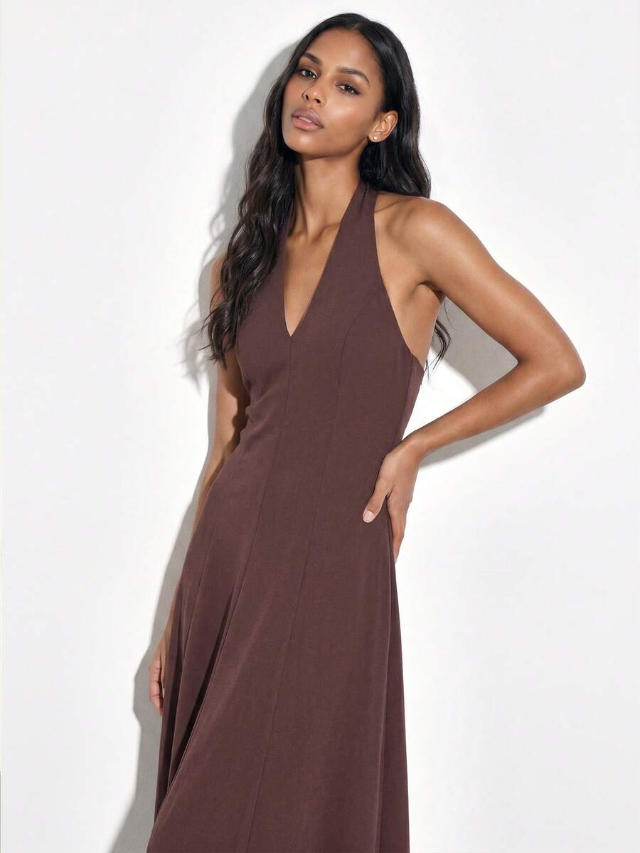 KSTM Vestido largo de mujer sin mangas con cuello halter en V, vestido midi de línea A para ocasiones formales, color burdeos - Burdeos - Ver 1