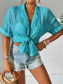 SHEIN Swim Women's Solid Color Minimalist Daily Short Sleeve Kimono Cover Up - Teal Blue - View 4