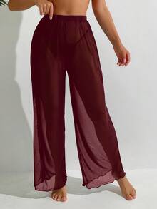 Swim Basics Women's Loose Solid Color Casual Cover-Up & Pants Set, Suitable For Vacation And Travel - Burgundy - View 6
