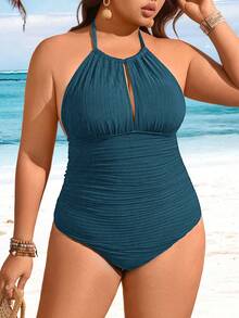 SHEIN Swim 2026新款夏季沙滩度假休闲基础款纹理面料大码女式连体泳衣 - 水鴨藍 - 查看 4