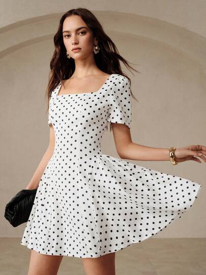 Aveloria Rosie White Base Black Polka Dot Square Collar Short Sleeve Waist Splitting Design Princess Dress, Exquisite Elegant French Retro Romantic Countryside Date Party Wedding Seaside Vacation Commute Casual Versatile