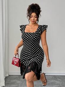 SHEIN Clasi Summer Casual 1920s 1950s Vintage 70's Vacation French Retro Elegant Black Polka Dot Contrast Lace Loose Cap Sleeve Dress Evening Party Wedding Guest - Black - View 4