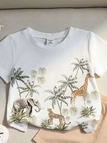 Souflis Souflis 2 pièces/Set Garçon bébé/Unisexe Bébé/Tout-petit 0-3 ans Style coréen Imprimé animal tropical Col rond T-shirt à manches courtes et short assorti, Convient pour l'extérieur, les sports, l'école, le printemps/l'été - Multicolore - Voir 5