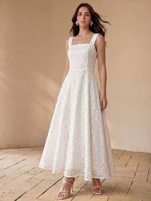 Anewsta Đầm dài trắng thanh lịch dành cho nữ, chất liệu vải dệt jacquard họa tiết hoa hồng trắng, cổ vuông, không tay, thích hợp cho mùa hè. - trắng - Xem 3