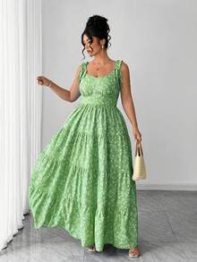 Elenzga Vestido de verano sexy para mujer de talla grande con nuevo diseño floral azul, cuello en V, mangas farol, decoración con lazo en los hombros, volantes en el bajo y cintura ceñida. Adecuado para vacaciones, uso diario casual, citas de verano y ocasiones sociales. - Verde - Ver 7