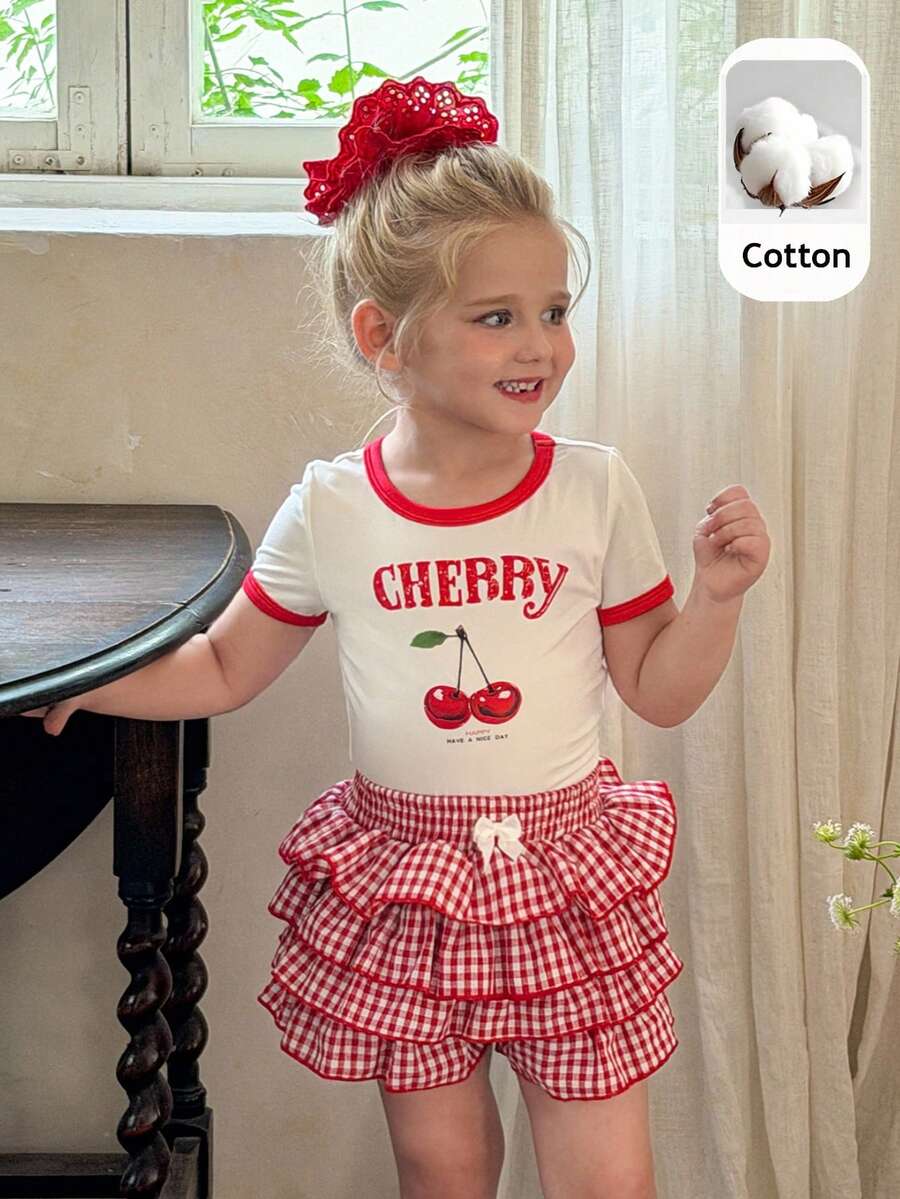 SHEIN Bộ 2 món gồm áo thun dệt kim cổ tròn màu trơn và quần short kẻ caro cho bé gái, kiểu dáng thường ngày. - Nhiều màu - Xem 1